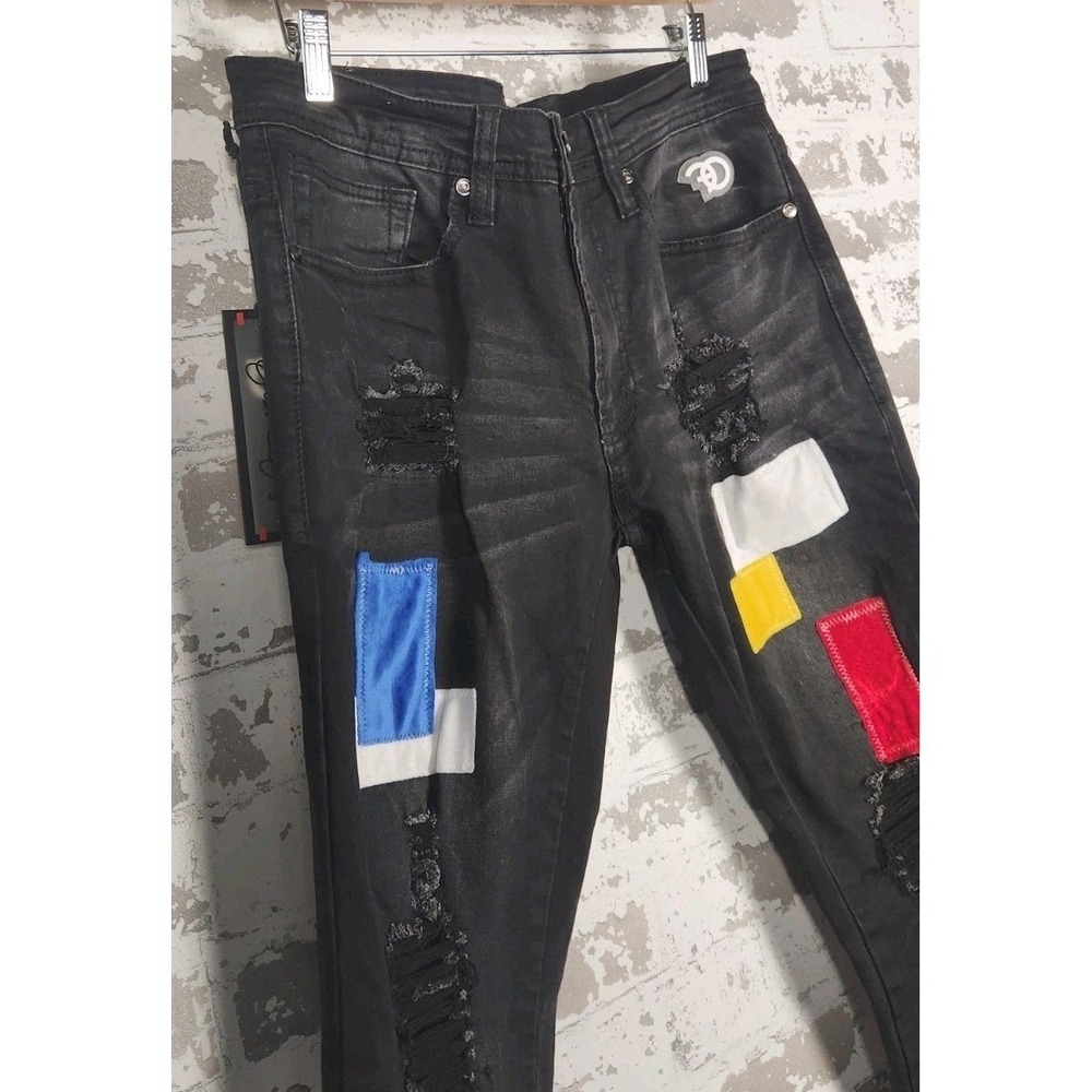 Frost Origs Distressed Patchwork Jeans Mens 32 Black Ripped Streetwear Urban - Picture 4 of 16